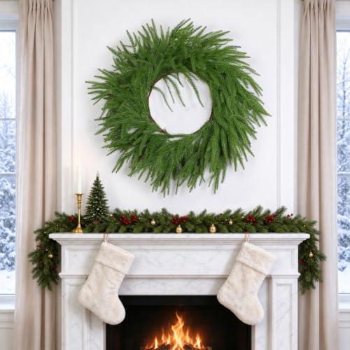 24in UXORSN Green Norfolk Pine Wreath - Artificial Christmas Front Door Decoration