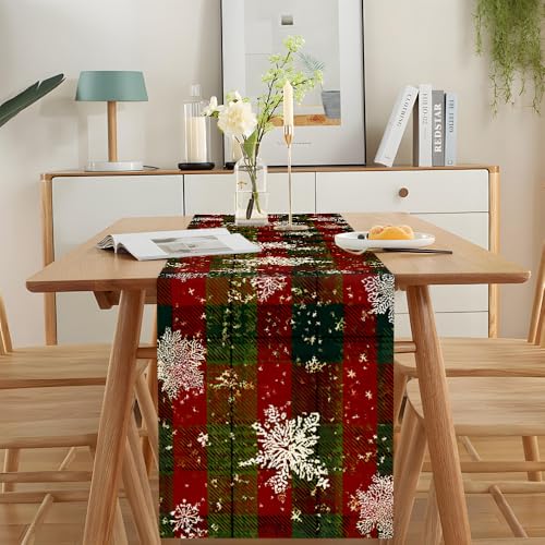 Forever Queen Christmas Table Runner 13x72 Inch Red Green Snowflakes Farmhouse Holiday Decor