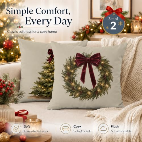 Vintage Christmas Tree Wreath Pillow Covers Set of 2 18x18 Inch