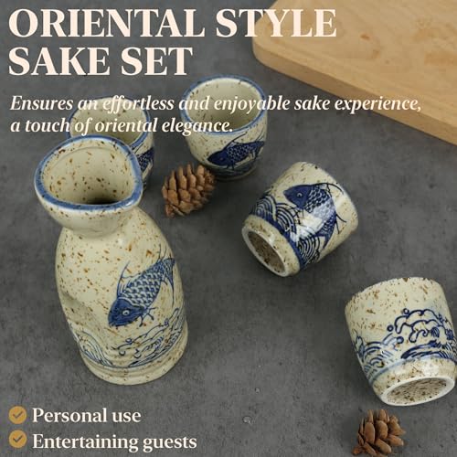 Cream-Fish Ceramic Sake Set 5pcs - Japanese Saki Carafe & Cups - PUNNIO