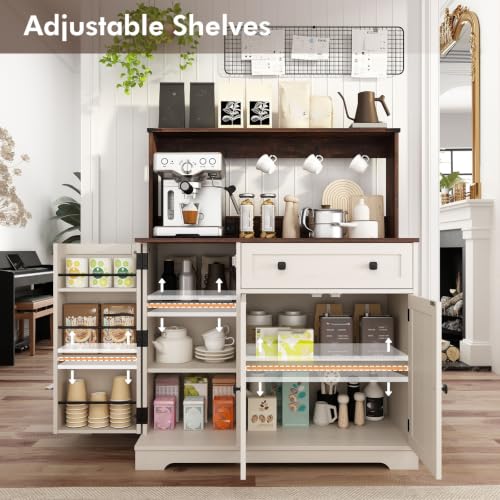 Farmhouse Coffee Bar Cabinet with Charging Station, 39-Inch Kitchen Hutch