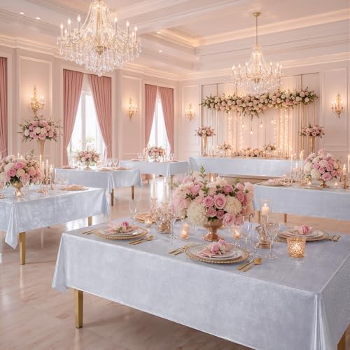 Htper 2 Pack 60x102in Sequin Silver Tablecloths Waterproof Shimmer for Rectangular Tables