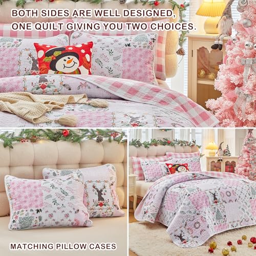 Joyreap 3-Piece Christmas Quilt Set Queen Pink Patchwork 88x88 All-Season Microfiber