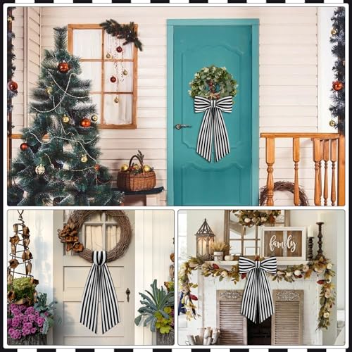 2-Pack Black and White Stripe Wreath Sash for Front Door Porch Decor