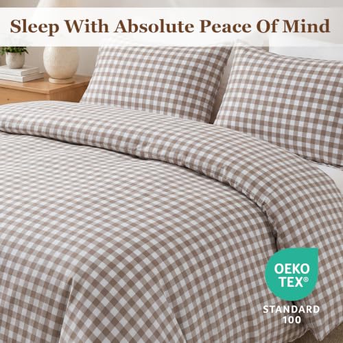 Brown Gingham Duvet Cover Set Queen Size - Soft Microfiber Bedding