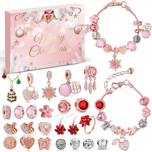 Pink Advent Calendar Charm Bracelet Kit for Teens & Women, 24 Days Jewelry Making Gift