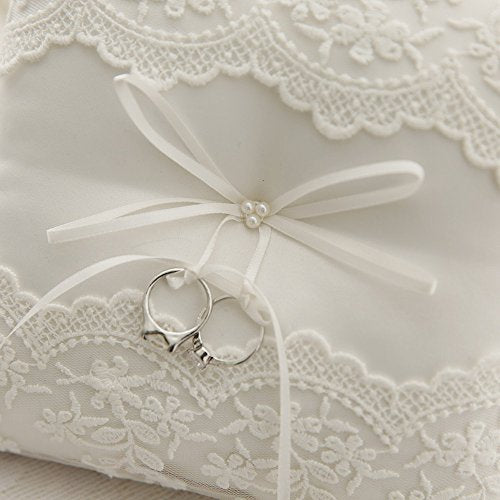 Ivory Satin Pearl Wedding Ring Pillow 8-Inch Square Ring Bearer Cushion