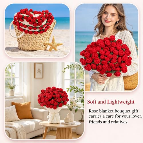 Crochet Rose Bouquet Throw Blanket - Handmade Knit Gift for Women