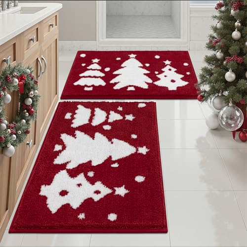 Vaukki Christmas Bathroom Rug Set 2 Pieces, 20'' x 32'' + 20'' x 32'', Non-Slip Microfiber Floor Mats for Holiday Decor