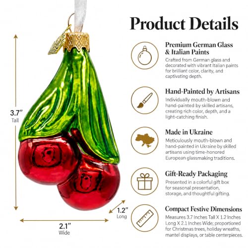 Red Cherries Glass Christmas Ornament with Green Leaves – Hand-Painted German Glass