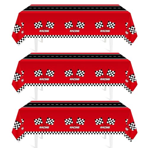 3-Pack Racing Car Plastic Tablecloths, Checkered Race Party Decor 54 x 108