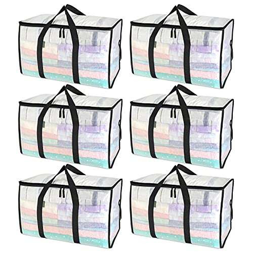 BALEINE 6-Pack Oversized Moving Bags with Reinforced Handles, Heavy-Duty Clear Storage Totes