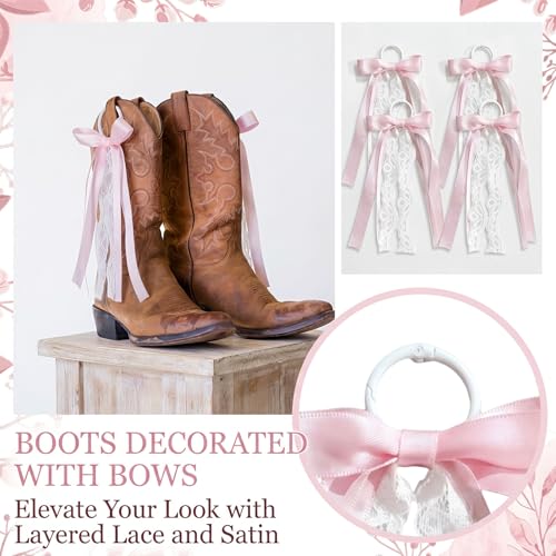 Pink Ribbon Boot Bow Clips for Cowgirl Boots - 4 Pcs Removable Lace Bows