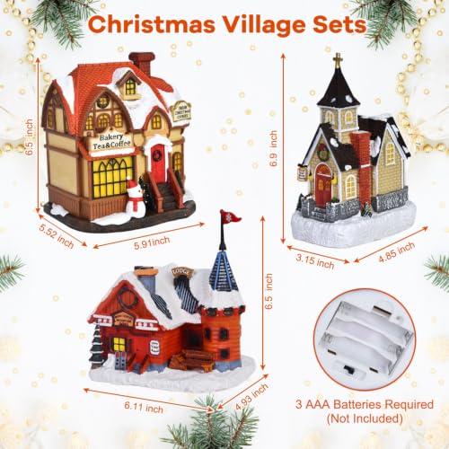 Lighted Christmas Village Sets 3 Resin Houses with LED Lights, Holiday Decor