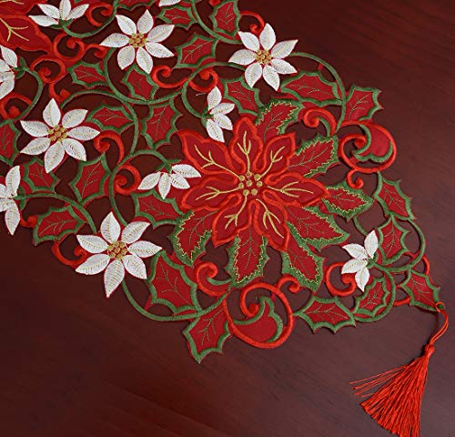 Simhomsen 13x120 Inch Embroidered Christmas Poinsettia Table Runner with Removable Tassels