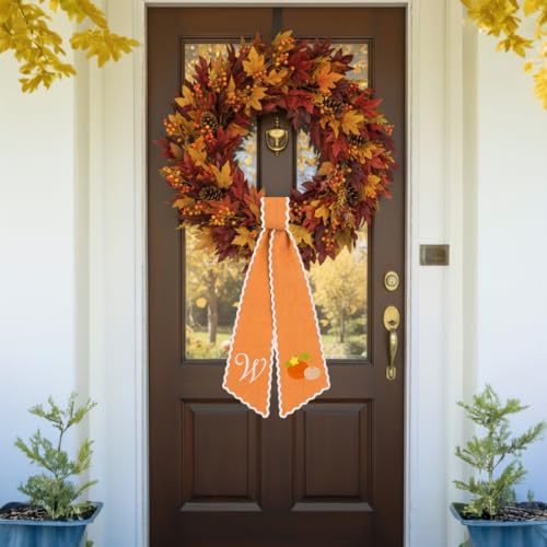 Monogrammed Fall Wreath Sash - Letter W Orange Bow Ribbon Decor (2 Pack)