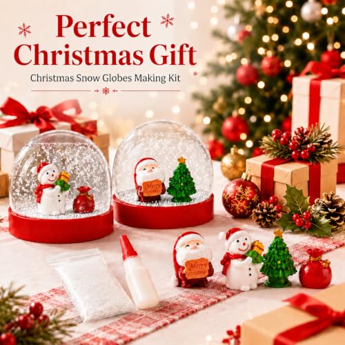 Zplontya Christmas Snow Globe Craft Kit for 2 Globe Halves–DIY Snow Globes with Santa, Snowman, Tree & Gifts (Christmas 2pcs)