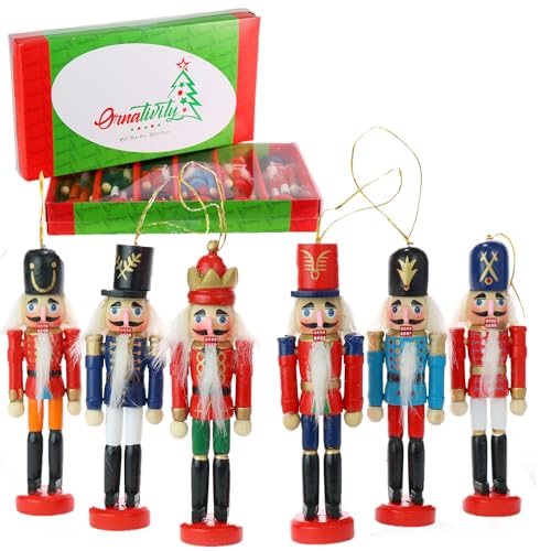 Wooden Christmas Nutcracker Ornaments - 5-Inch Mini Soldier Figures, 6-Piece