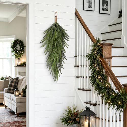 UAPINO 4-Piece 30'' Norfolk Pine Teardrop Swag Set for Door (4 Pieces, 30in Each)