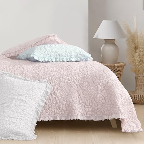 Pink Ruffled Quilt Set Queen - 3 Piece Stone-Washed Microfiber Bedding
