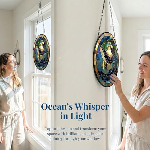 SJUYODOO Blue and Purple Stained Glass Window Hanging, Whale & Sea Waves Sun Catcher, 11.8in