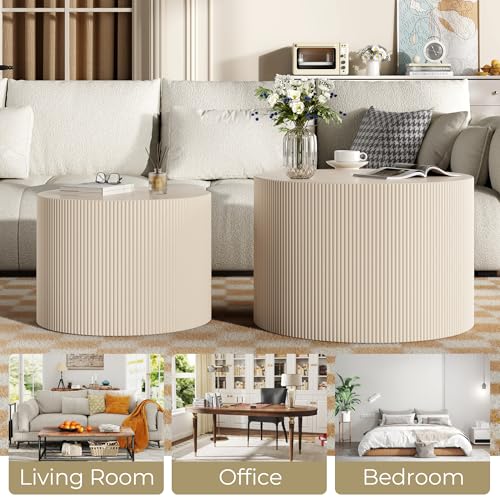 Modern Round Nesting Coffee Table Set of 2, Beige Wooden Accent Tables