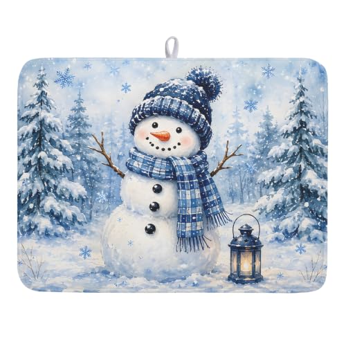 Kawani Blue Snowman Pine Tree Christmas Dish Drying Mat 18x24 Inch