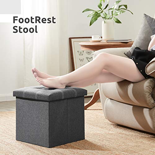 15-Inch Foldable Storage Ottoman, Linen-Look Foot Rest with Hidden Storage