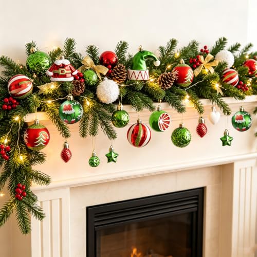46-Piece Christmas Ornaments Set in Red & Green with Elf Hat, Santa, Stars – Shatterproof Baubles (GAOSOUPAI)