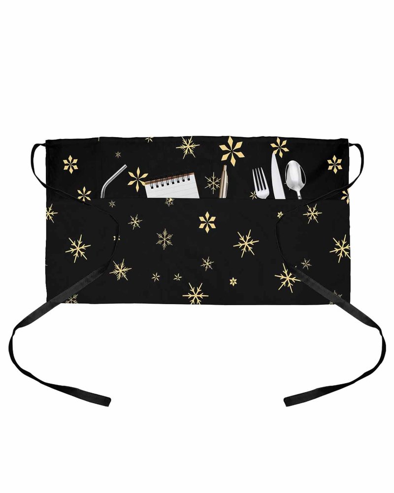 Black Snowflake Christmas Server Aprons with 3 Pockets, Xmas Yellow Winter Snowflake Waist Aprons for Women Men, Waitress Waiter Half Apron for Kitchen Chef Cooking