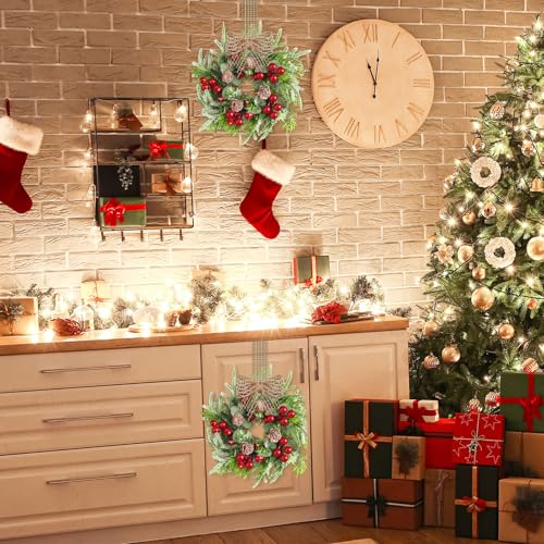 Dingion 18 Pcs Mini Christmas Wreaths for Cabinets with Pine Cones & Bows - 9in