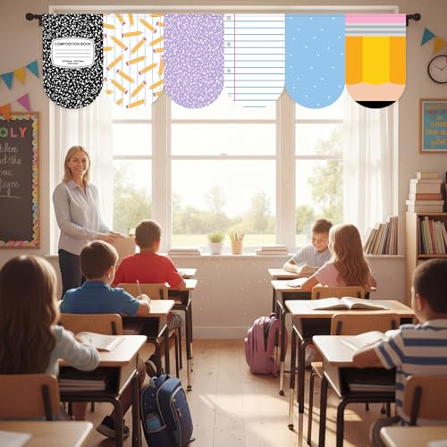 6-Piece Velvet Classroom Curtains - Composition Notebook Design 24x35 Inch