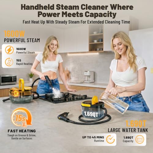 Gautye Handheld Steam Cleaner with 15 Accessories and 3-Level Adjustable Handle