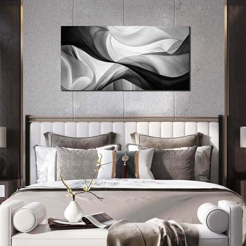 Abstract Minimalist Curve Line Canvas Wall Art, Black and White, 40x20 Inch