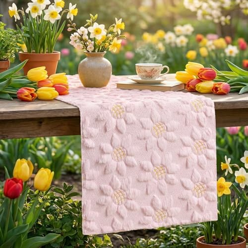 Artoid Mode Pink Soft Plush Faux Fur Jacquard Embroidery Sunflower Table Runner 13x48