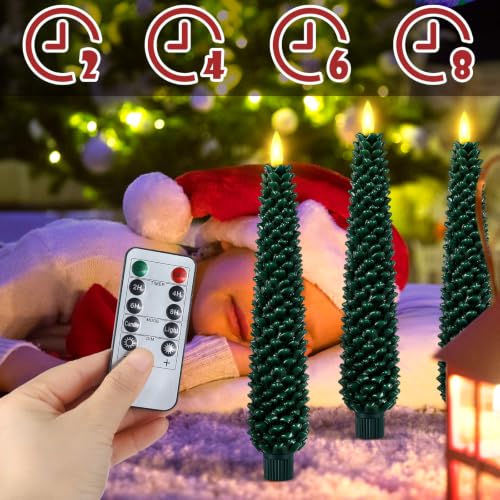 Funtery 6-Pack 10in LED Pine Cone Candles Flameless Real Wax with Remote (Green Pinecorn)