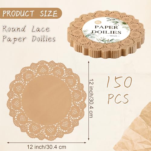 12-Inch Round Kraft Paper Doilies - 150-Pack Disposable Lace Placemats