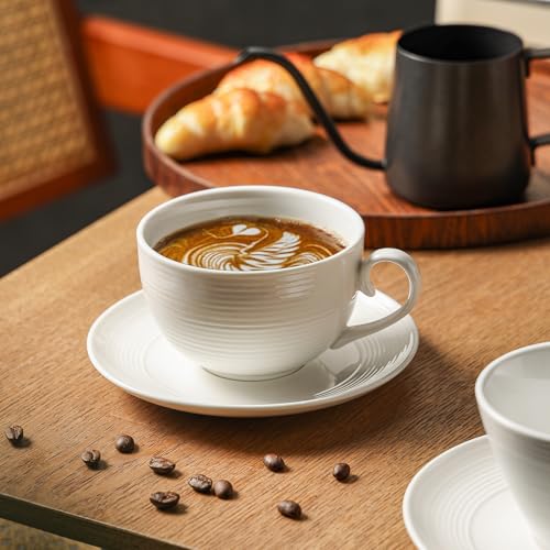 Feenmai 12oz Ceramic Cappuccino Cups & Saucers Set of 4 - White Latte Mug for Coffee & Tea, Microwave & Dishwasher Safe
