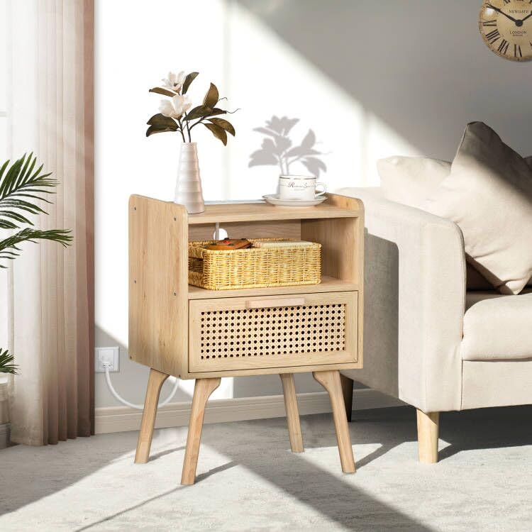 Rattan Nightstand with Charging Station, Boho Side Table with Drawer