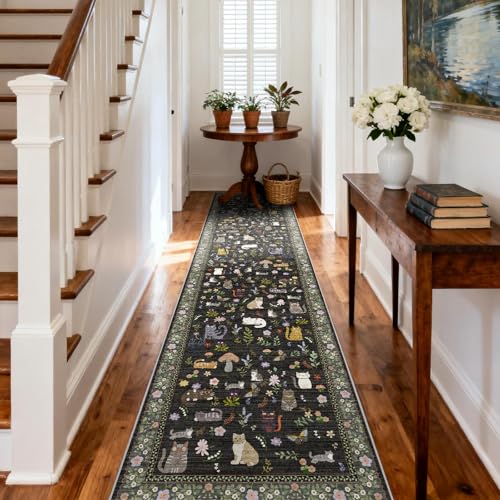 Washable 2x10 Hallway Runner Rug - Non-Slip Low Pile Cat Print Carpet