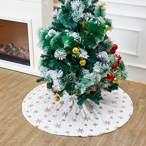 55 Inch Rose Gold Snowflake Faux Fur Christmas Tree Skirt with Fasteners