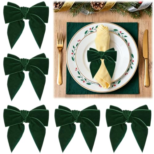 ANPHSIN Green Velvet Bow Christmas Napkin Rings Set of 6 Holiday Table Decorations