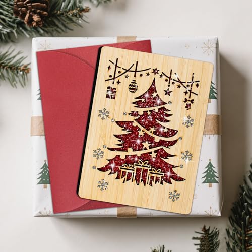 Wooden Christmas Card - Tree with Sparkling Sequins & Envelope - Handmade Holiday Greeting Card for Men Women Kids Friends Family