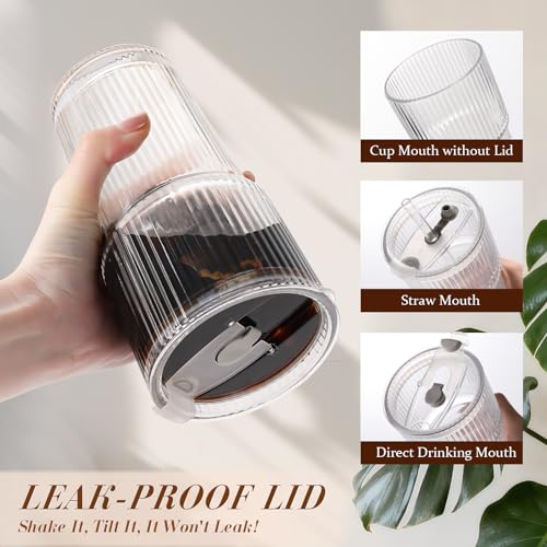 20 oz Ribbed Glass Iced Coffee Cups with Lids and Straws - Set of 4
