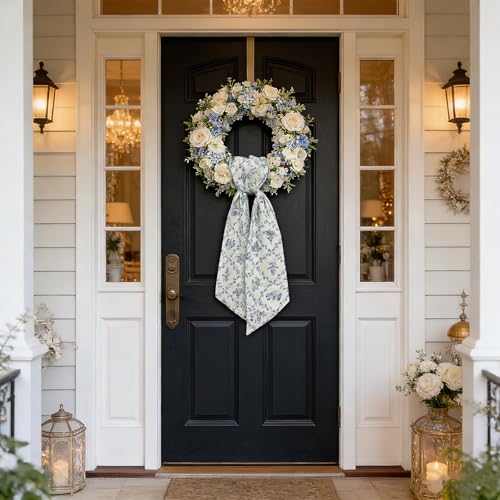 2-Piece Blue Floral Wreath Sash for Front Door Decor, Polyester Ribbon