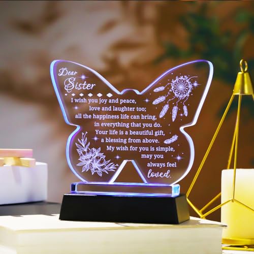 Butterfly Shaped Glass Keepsake for Sister – Laser Engraved Night Light with Colorful LED Base, Gift from Sister (Variation: Sisters Gifts)