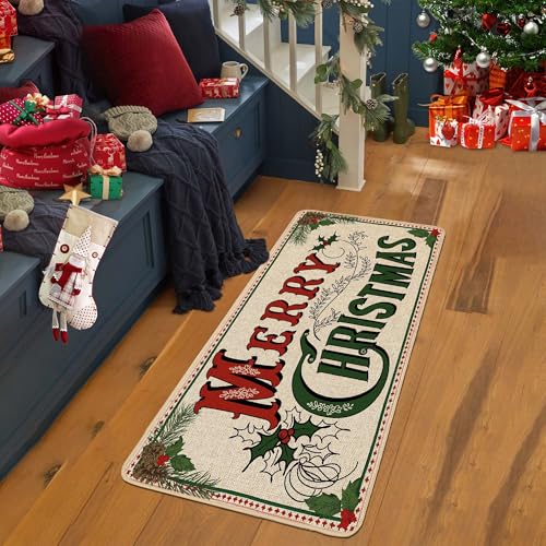 Merry Christmas Doormat 17x36in | Non-Slip Indoor/Outdoor Front Door Mat - Burlap Backing