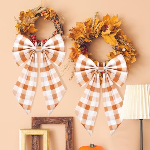 Orange Fall Plaid Wreath Bows 2-Pack - Large Burlap Front Door Decor