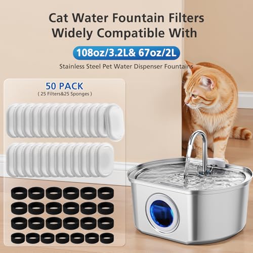Cat Water Fountain Filters - 50 Pack (25 Filters & 25 Pre-Filter Sponges)