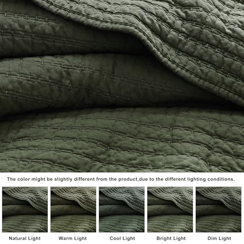 WDCOZY 100% Cotton Queen Quilt Set - Olive Green Striped Bedspread (3 Piece)